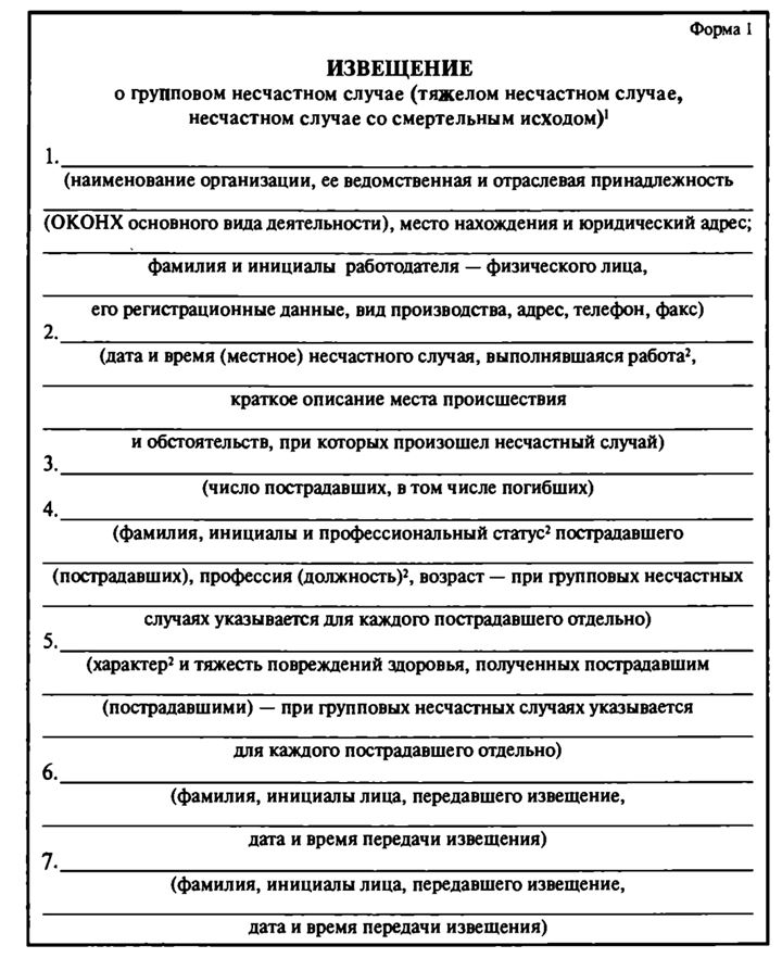 Сообщение о несчастном случае на производстве образец