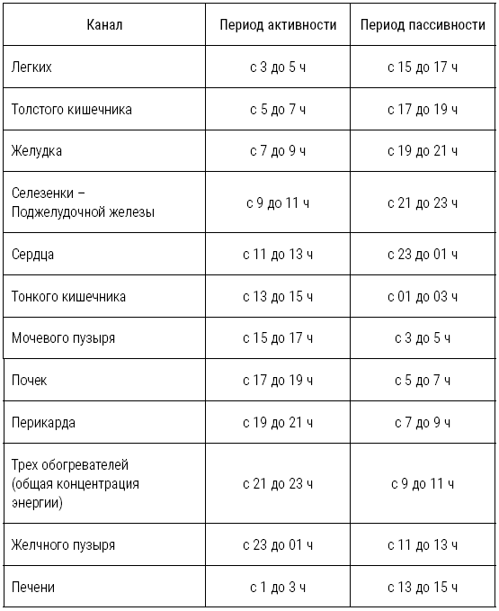 Меридианы человека по часам активности схема