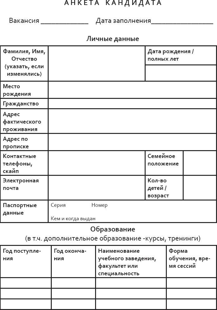 Анкета на работу образец