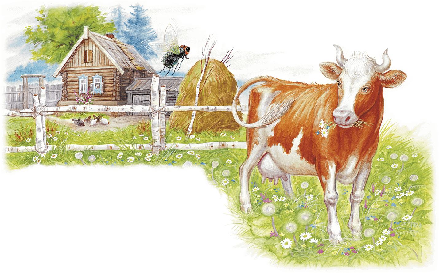 Бианки хвосты корова. Деревенский пейзаж с коровами. Корова иллюстрация. Деревня иллюстрация.