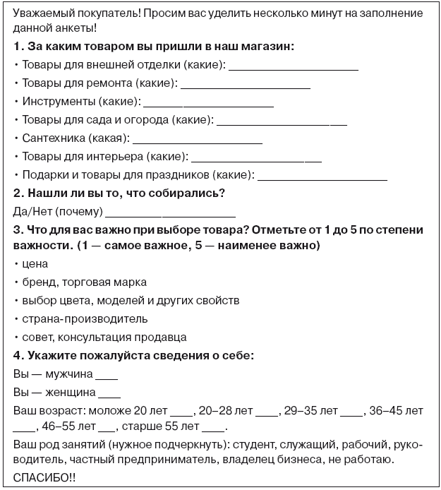 Анкета покупателя магазина образец