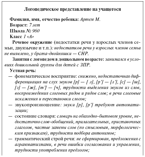 Образец логопедического представления на школьника на пмпк