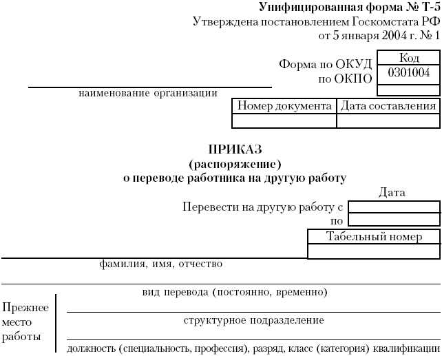 Образец заполнения приказ о переводе работника на другую работу