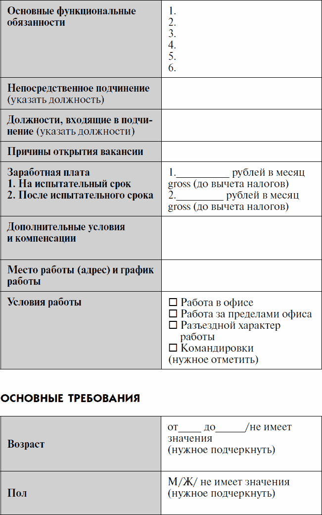 Заявка на подбор кандидатов на вакансию образец