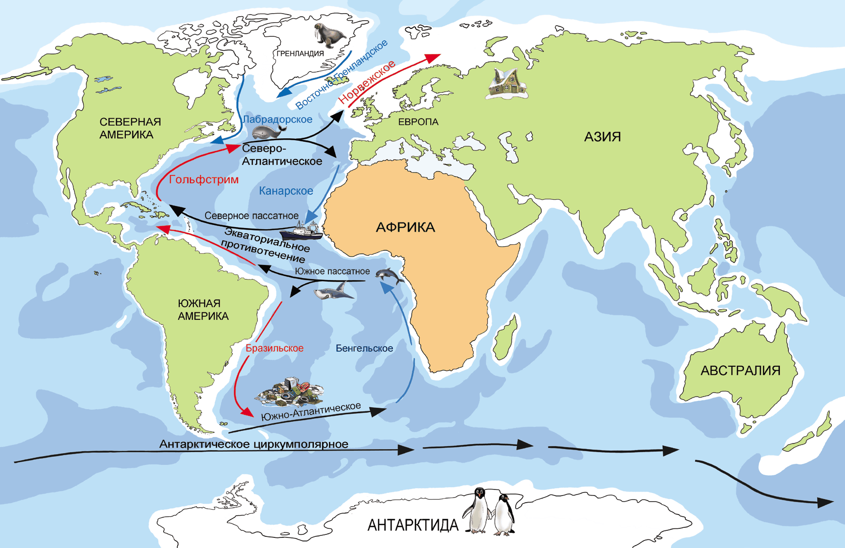 Течение вод атлантического океана. Гольфстрим на карте Атлантического океана. Северо-атлантическое течение на карте. Гольфстрим в Атлантическом океане. Карта течений Атлантического океана.