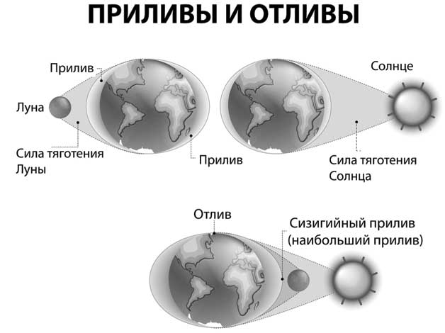 Приливы океана причины. Земля Луна отлив прилив схема. Приливы и отливы влияние Луны схема. Воздействие Луны на землю приливы и отливы. Схема влияние Луны на землю.