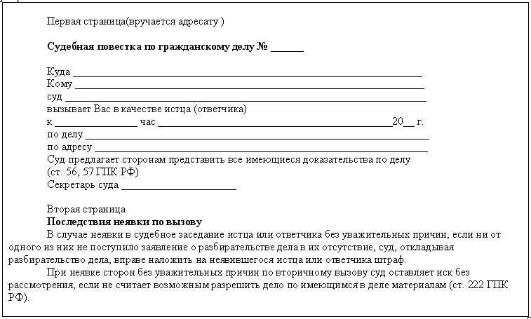 Повестка в суд по уголовному делу в качестве обвиняемого образец