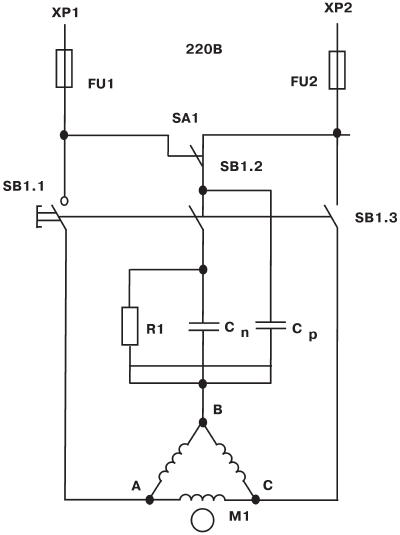 Схема подключения пускового конденсатора к электродвигателю 220в